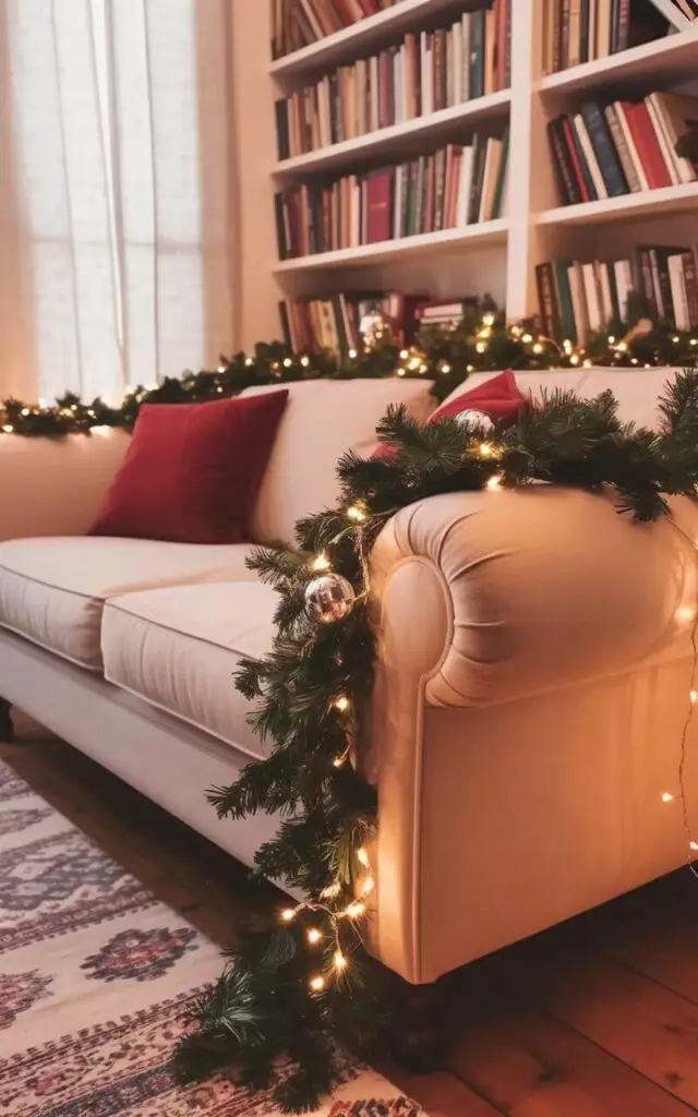 A plush, cream-colored sofa with rolled arms sits against a wall lined with built-in bookshelves. Green garlands composed of pine branches, silver tinsel, and small glass ornaments are draped over the back of the sofa and across the shelves, with delicate fairy lights woven throughout the greenery. A patterned rug with geometric designs in shades of gray and beige lies on the hardwood floor in front of the sofa. Large windows with white linen curtains allow soft daylight to filter into the room, highlighting the natural textures of the wood and fabric.