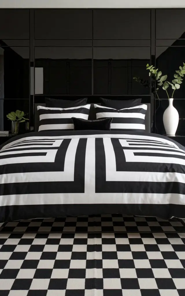 A photo of a black and white bedroom with a bold geometric pattern on the duvet cover. The room features a sleek design with black furniture and a white vase with simple greenery. There is a monochrome geometric rug on the floor.