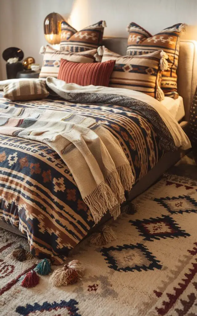 A boho bedroom with a cozy bed adorned with bold geometric patterned bedding. The bed has throw pillows and blankets in various colors and textures, creating a layered, inviting aesthetic. The area rug has complementary geometric patterns. The room features a mix of wooden and metal elements, including a unique bedside table. Ambient lighting enhances the room's cozy feel, highlighting the intricate patterns and adding to the bohemian charm.