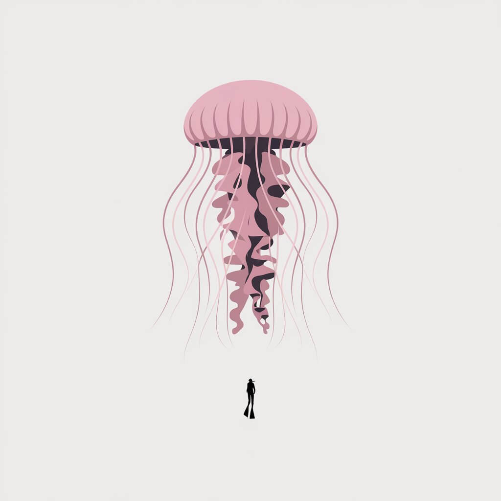 A minimalist, plain white background illustration of a giant, soft pink jellyfish with long, flowing tentacles looming over a tiny diver. The diver is drawn as a small, dark silhouette for contrast, and the image is drawn in a simplistic style.