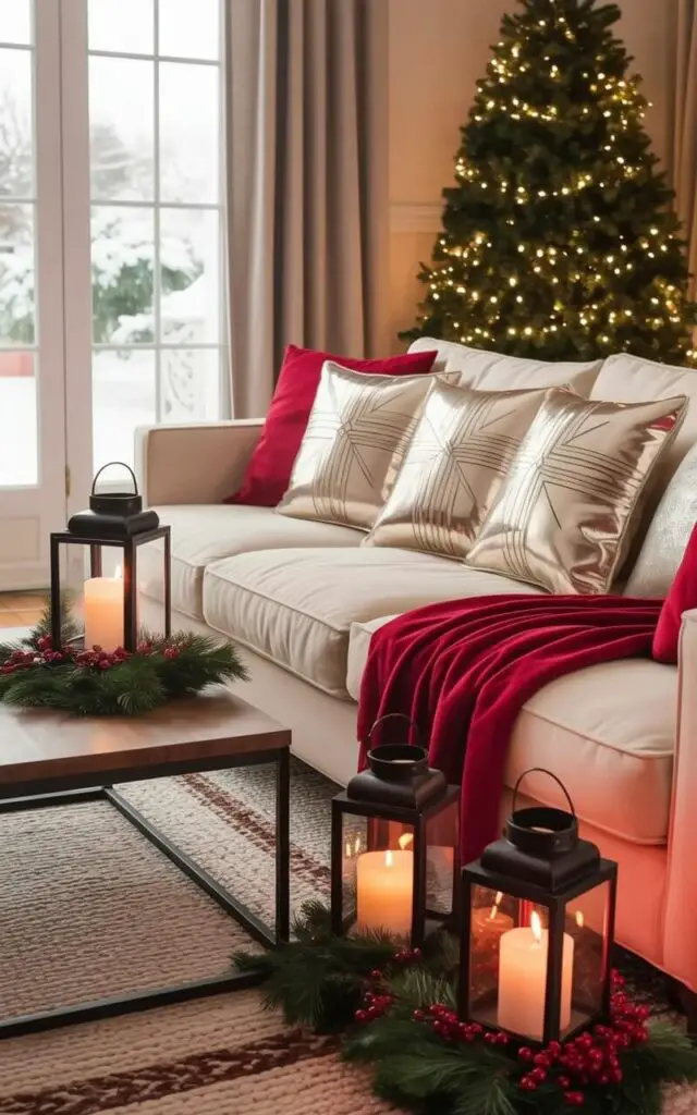 A plush, cream-colored sofa sits in the center of a well-decorated living room, draped with a soft red throw blanket and adorned with four metallic cushions featuring geometric patterns. Three Christmas lanterns, each containing flickering candle flames and surrounded by sprigs of pine and crimson holly berries, are positioned on a low wooden coffee table and on the floor beside the sofa. A tall Christmas tree stands in the corner, illuminated with delicate, twinkling white lights that reflect off the polished hardwood floor. The room features neutral-toned walls and a large window revealing a snowy landscape outside, while a woven rug with a subtle geometric design lies beneath the coffee table.