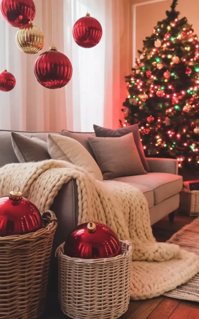 Oversized red and gold baubles hang from the ceiling at varying heights, some resting within intricately woven decorative baskets positioned near a plush sofa. The sofa is draped with a thick, cream-colored knitted blanket and features several throw pillows in shades of gray and beige. A large Christmas tree with multi-colored lights and a variety of ornaments stands in the background, partially visible between a pair of tall, sheer white curtains. The room features neutral-toned walls and hardwood floors, creating an open and minimalist space with the ornaments serving as the central decorative element.