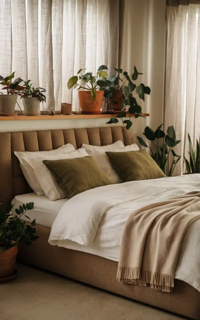 A serene earthy bedroom with a cozy upholstered bed. The bed is dressed in white linens and olive green throw pillows, with a soft beige throw blanket at the foot. There are several potted plants on the wooden shelf above the bed, adding a refreshing touch of nature. The plants also sit on the floor beside the bed. The room has linen curtains that allow natural light to filter in, creating a tranquil environment.