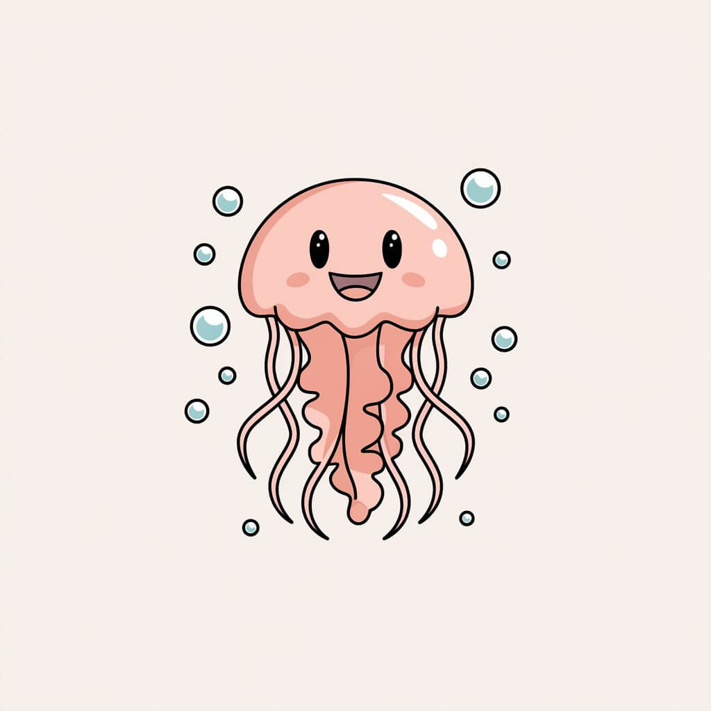 A minimalist, plain white background illustration of a happy jellyfish. The jellyfish is pastel orange with a big, smiling face, and its tentacles curl playfully. Small bubbles surround the jellyfish, and the drawing is in a simplistic style, radiating joy.