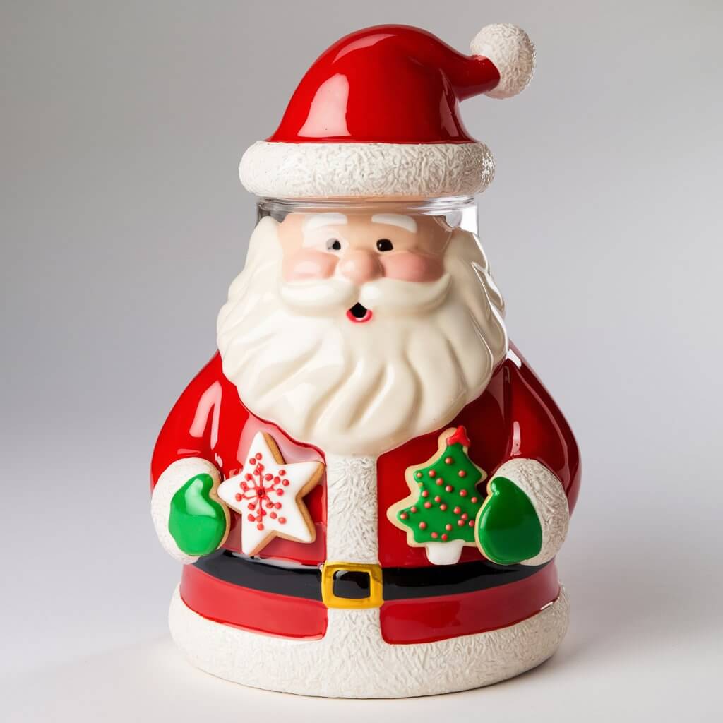 A whimsical glass cookie jar shaped like Santa Claus. The jar has a bright red suit and a smiling Santa face on the lid. The lid resembles Santa's hat, with a fluffy white trim and a pom-pom top. Inside the jar, there are Christmas cookies shaped like stars, trees, and candy canes, some decorated with red and green icing and sprinkles. The Santa Claus design brings a charming holiday spirit to any workspace or kitchen counter.