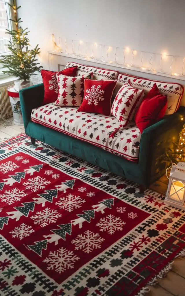 A Christmas living room with a bold red and white rug featuring snowflake and tree patterns. A very cozy sofa with coordinating cushions sits atop the rug, surrounded by other festive accents like a small tabletop tree and a glowing lantern. Twinkling fairy lights along the window add to the holiday spirit.