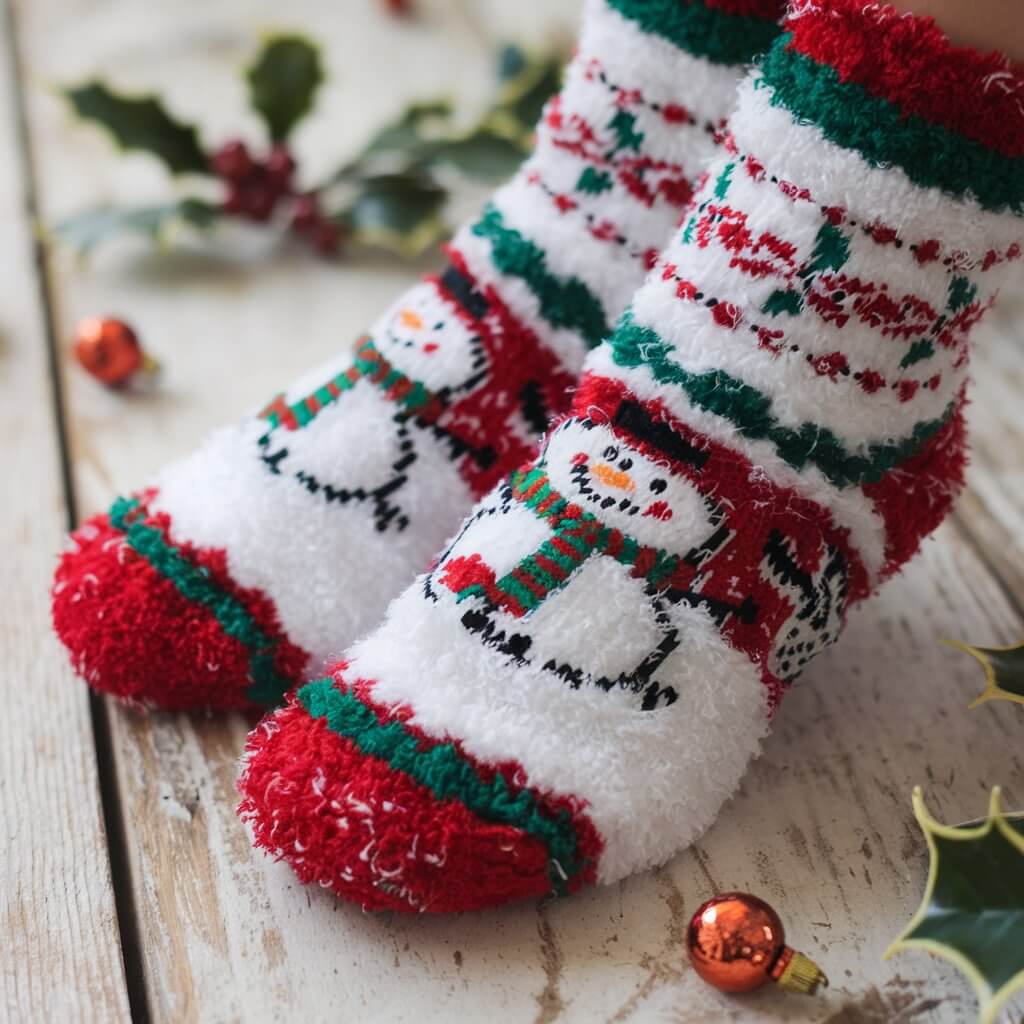 A playful, close-up image of a pair of holiday-themed socks. The socks are decorated with festive patterns, such as snowmen, reindeer, and snowflakes, in colors like red, white, and green. The fluffy texture of the socks is emphasized, making them look soft and warm. The socks are set on a rustic wood table surrounded by small holiday ornaments and a sprig of holly, adding a cheerful seasonal vibe.