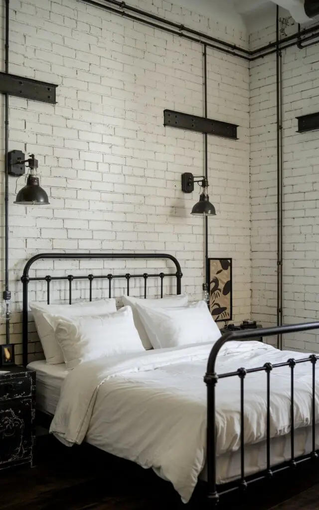 A black and white industrial-style bedroom with a cozy bed. The bed has a black metal frame and white linens. The walls are made of exposed brick, painted white. There are metal accents on the light fixtures. A distressed black bedside table and a vintage-style lamp are placed near the bed. The room has a rustic and urban feel.