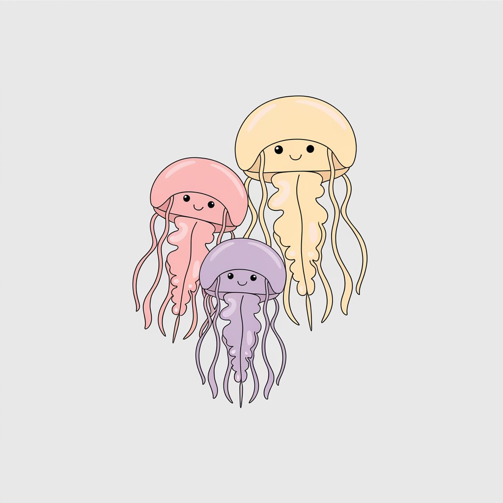 A minimalist, plain white background sketching illustration of a jellyfish family. The family includes three jellyfish of varying sizes, each a different pastel color (pink, purple, and yellow). Their tentacles are flowing downward in wavy patterns, and they are drawn in a simplistic style with soft, cheerful expressions.