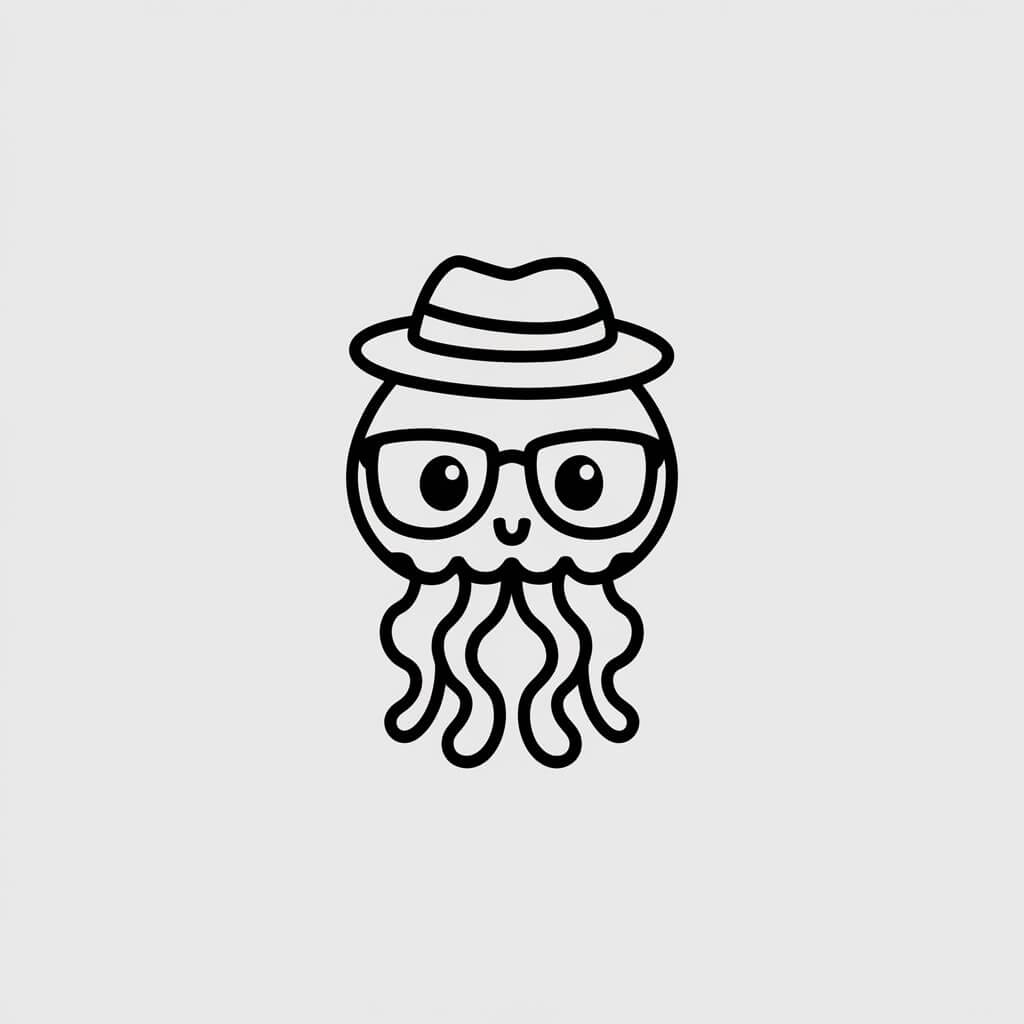 A minimalist, plain white background illustration of a cute, kawaii jellyfish wearing a hat and glasses. The jellyfish is black and white and is drawn in a simplistic style.