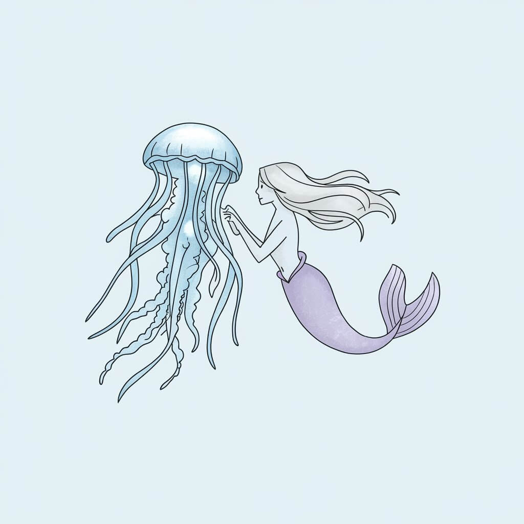 A minimalist, plain white background pencil illustration of a jellyfish and a mermaid interacting underwater. The jellyfish is light blue with glowing tentacles, while the mermaid has flowing hair and a simple purple tail. Both are drawn in a simplistic style, with the focus on their gentle interaction.