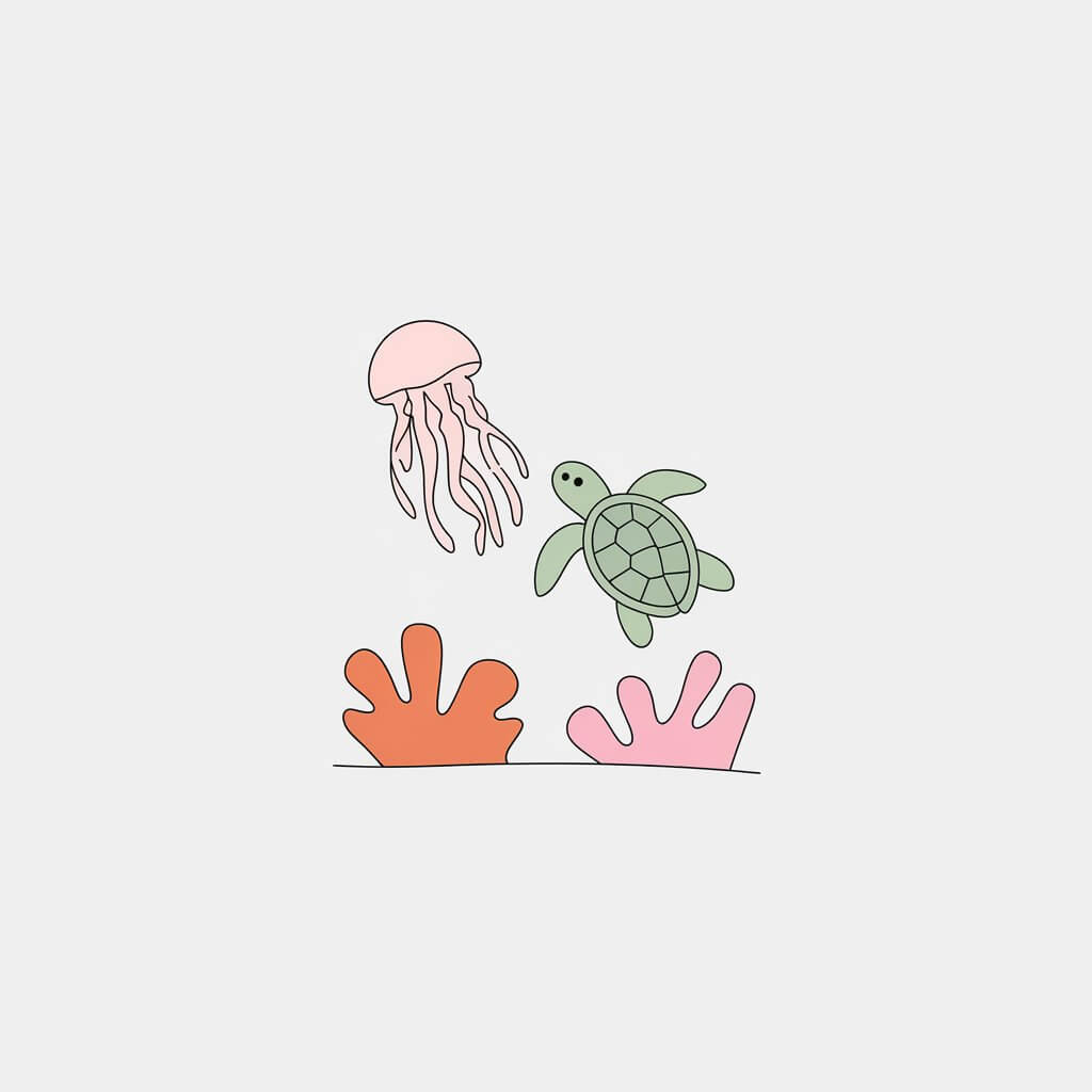 A minimalist, plain white background illustration of a jellyfish and a sea turtle swimming together near a coral reef. The jellyfish is pale pink, with flowing tentacles, while the sea turtle is green with a simple shell pattern. Surrounding them are soft, colorful coral shapes in orange and pink. Everything is drawn in a simplistic style, emphasizing their peaceful interaction amidst the reef.