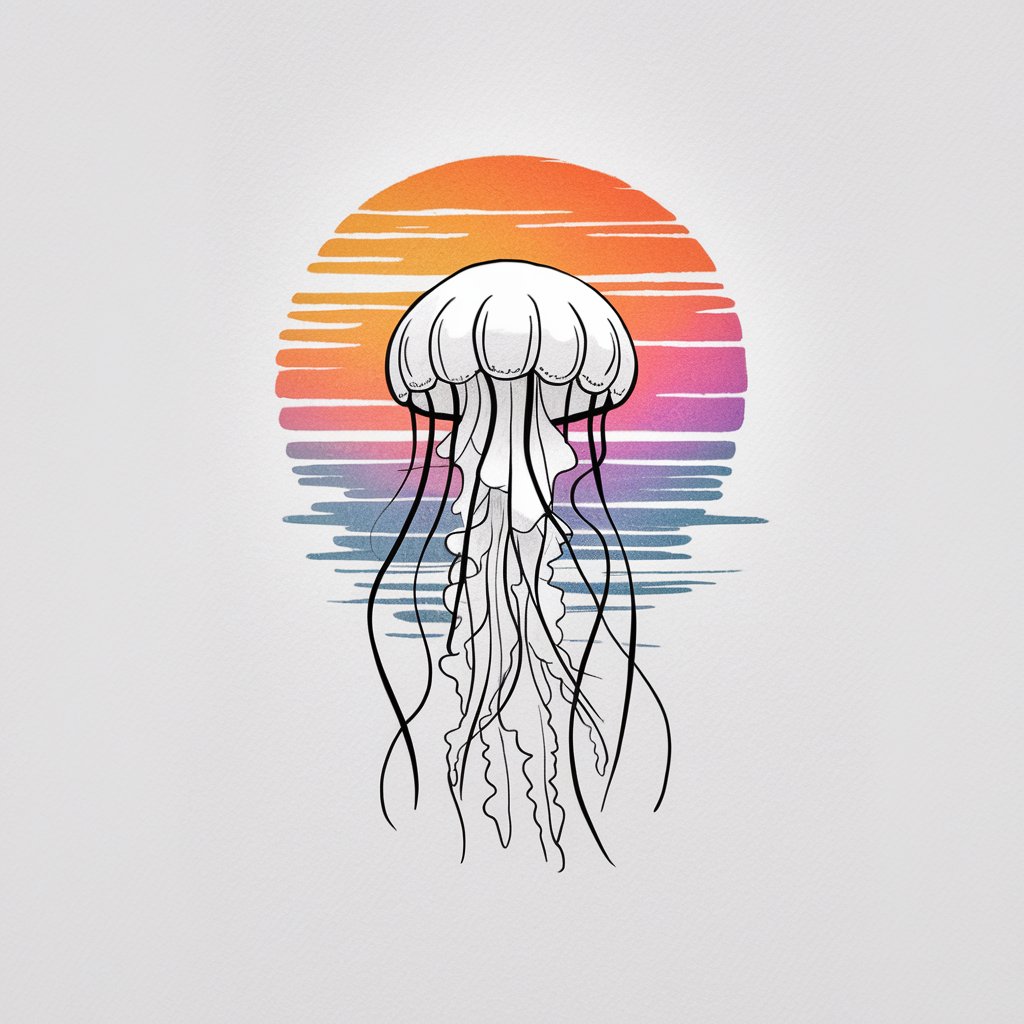 A minimalist pencil sketching illustration on a plain white background, featuring a jellyfish glowing against a warm, vibrant sunset. The jellyfish is depicted in black and white, with a subtle gradient hinting at the warm tones of the sky. The background blends warm colors like orange, pink, and purple in the sky, which are softly reflected in the water below. The tentacles of the jellyfish are sketched as flowing, delicate lines in a simplistic style. The overall composition conveys a soft, warm atmosphere, making it approachable and ideal for beginners.