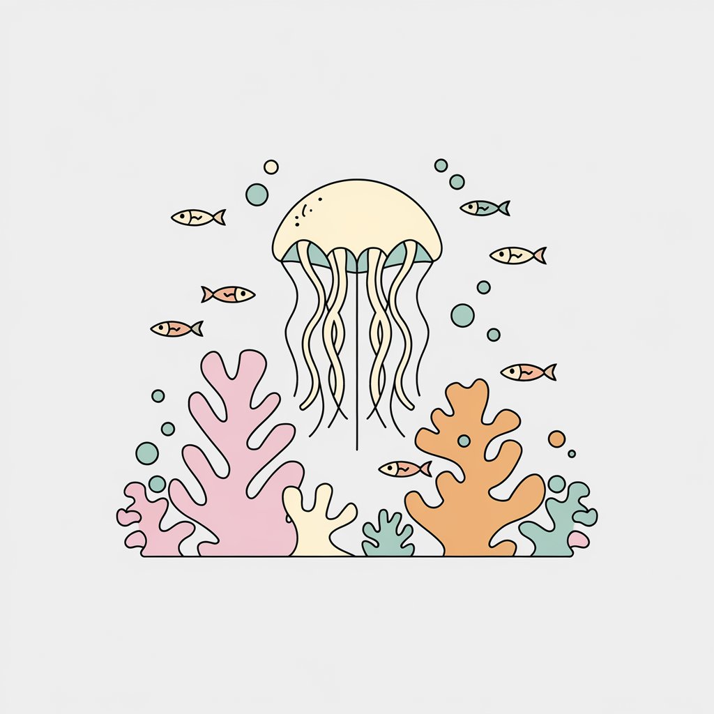 A minimalist, plain white background illustration of a jellyfish in a coral reef. The jellyfish is pastel yellow, surrounded by simple, colorful coral shapes in pink, orange, and green. Fish and bubbles add extra details, and everything is drawn in a simplistic style.