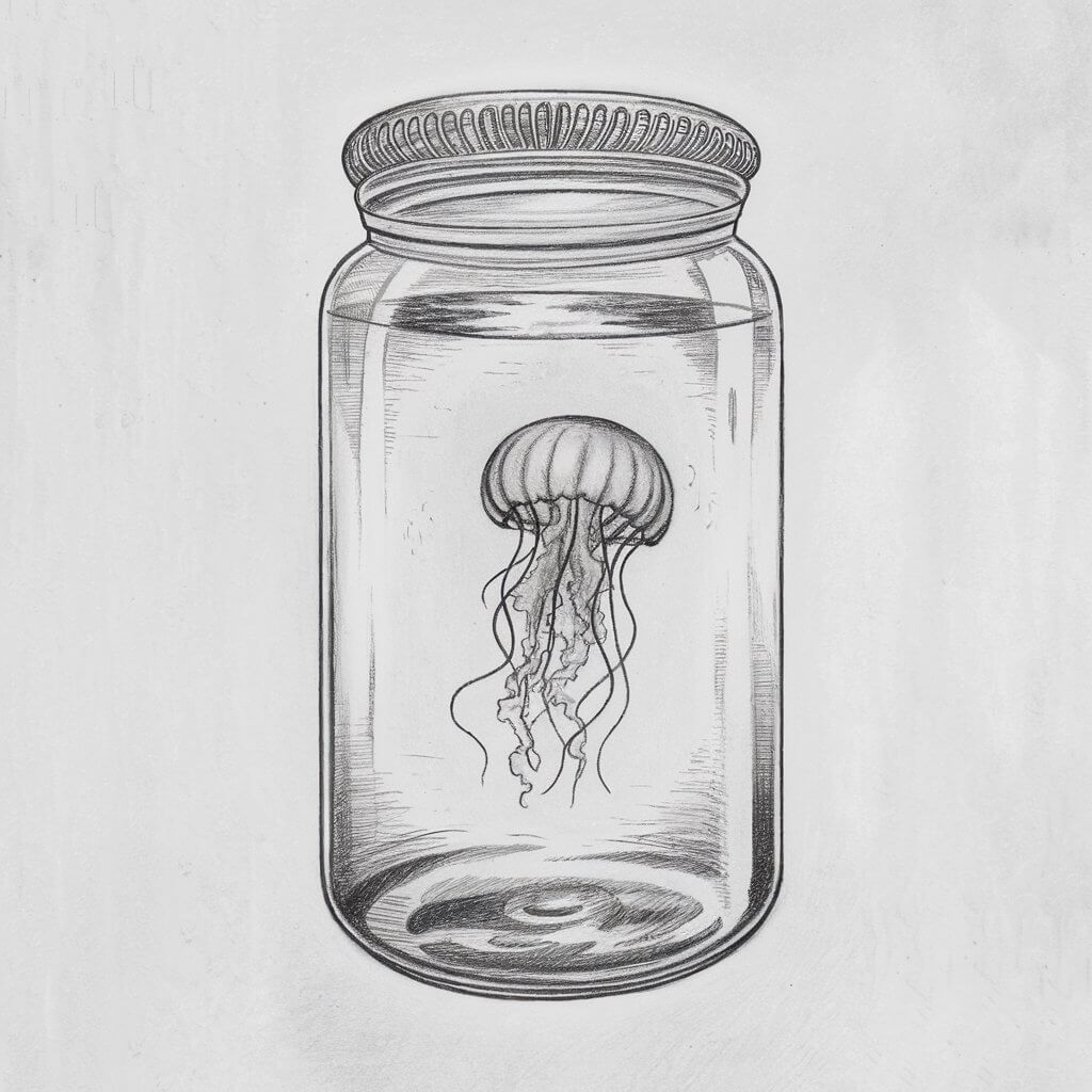 A simple pencil drawing of a jellyfish floating in a glass jar, with a plain white background. The jar is cylindrical with a detailed lid and subtle water reflections. The jellyfish is small and delicate, with its tentacles softly curling inside the jar.