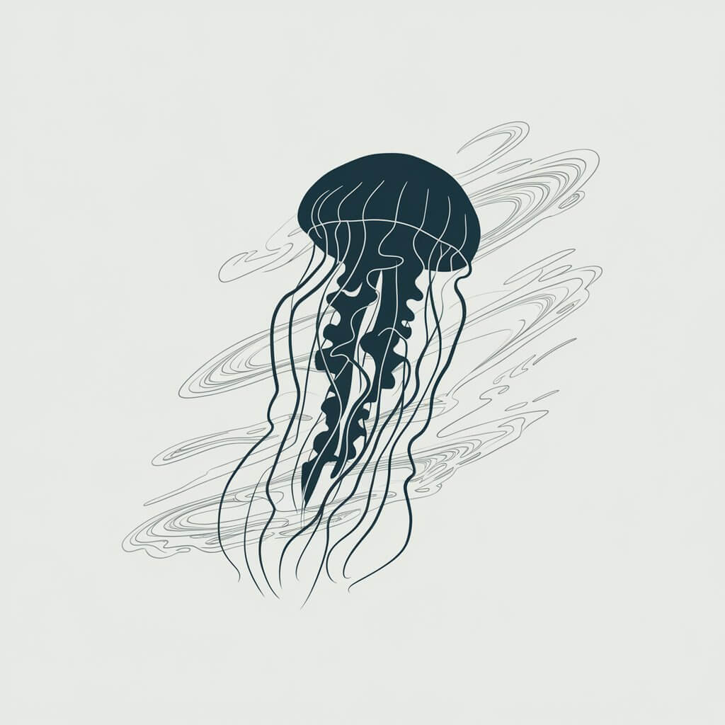 A minimalist, plain white background pencil illustration of a jellyfish surrounded by swirling water currents. The jellyfish is dark blue, with its tentacles drawn as chaotic, twisting lines. The stormy water is indicated with light gray swirls, and the overall image is drawn in a simplistic style.