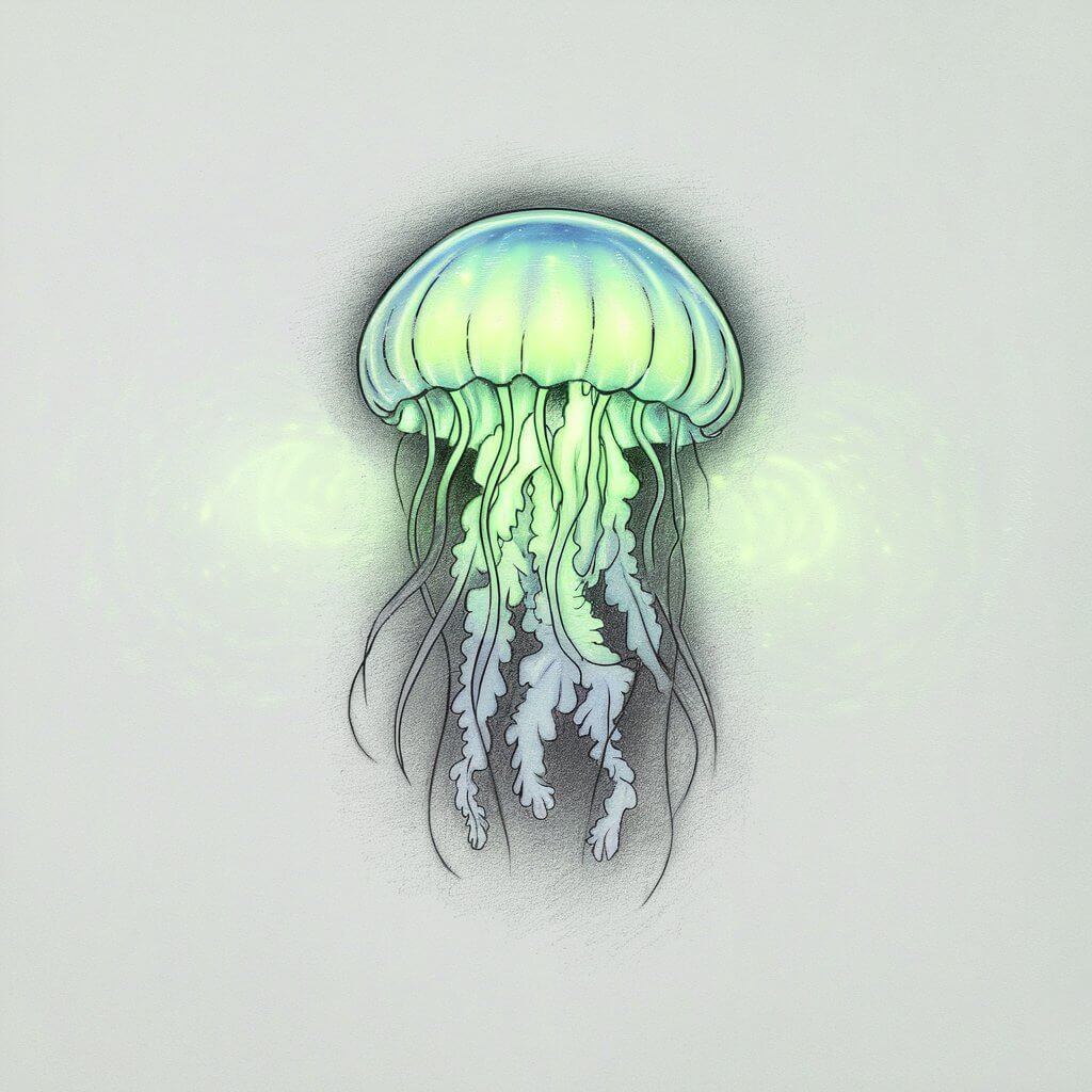 A pencil illustration of a glowing jellyfish on a plain white background. The jellyfish is a soft gradient of neon blue and green, with its bell and tentacles radiating a faint light effect. The illustration is drawn in a simplistic style, and the glow subtly fades into the white background.