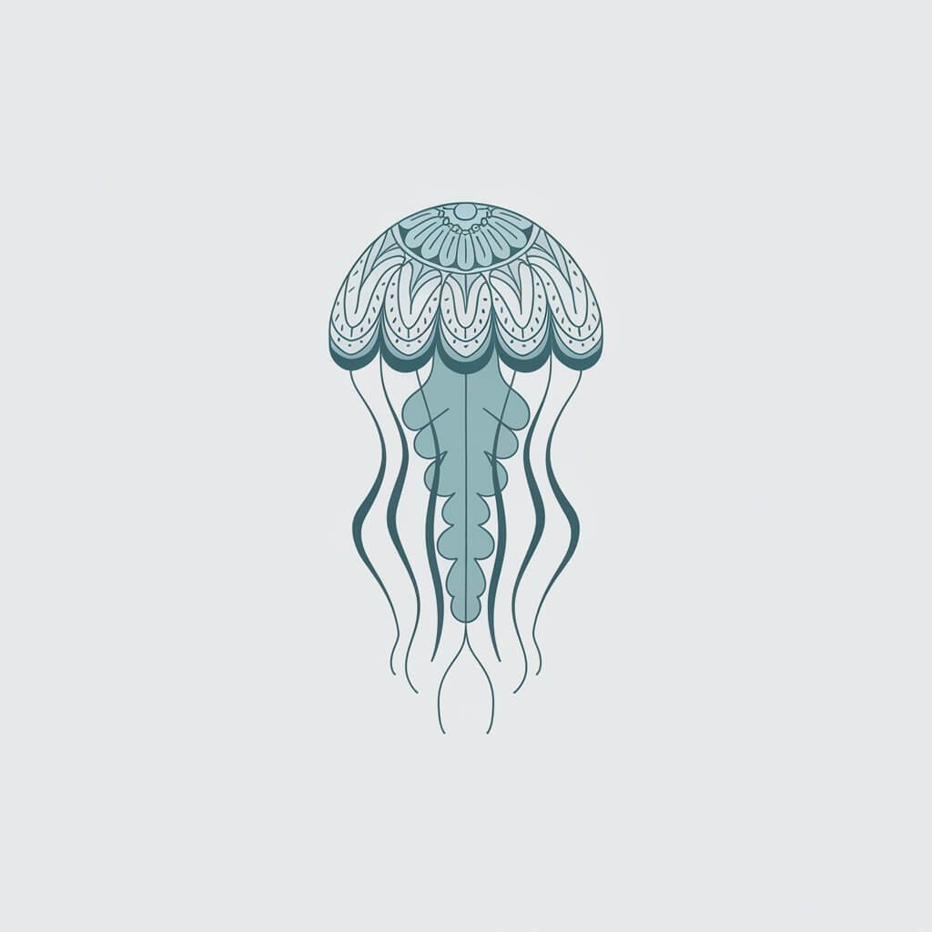 A minimalist, plain white background illustration of a jellyfish with intricate mandala-style patterns on its bell. The jellyfish is light teal, and the patterns are in darker teal for contrast. Its tentacles are simple, flowing lines, and the illustration is drawn in a simplistic style.