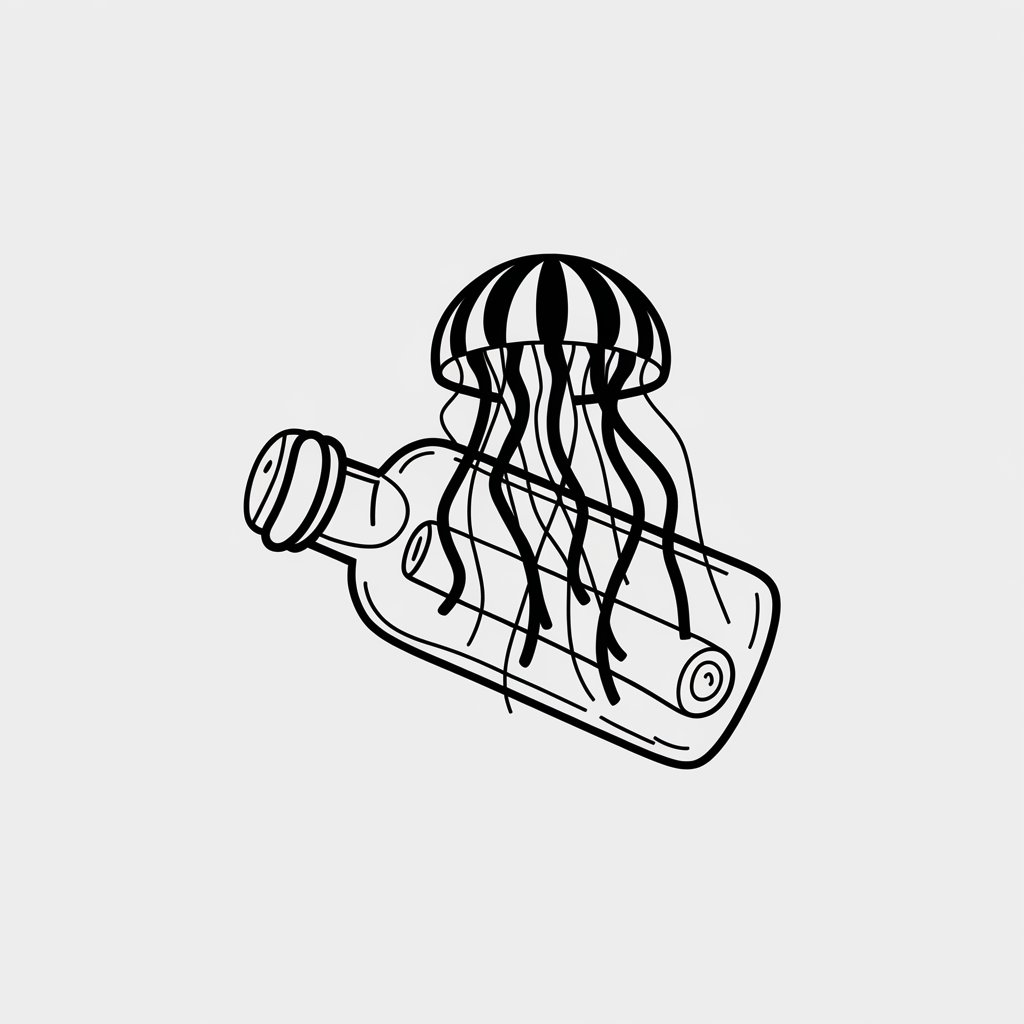 A minimalist, plain white background illustration of a black and white jellyfish carrying a message in a bottle with its tentacles. The bottle is plain and has a visible rolled-up note inside. The image is drawn in a simplistic style.