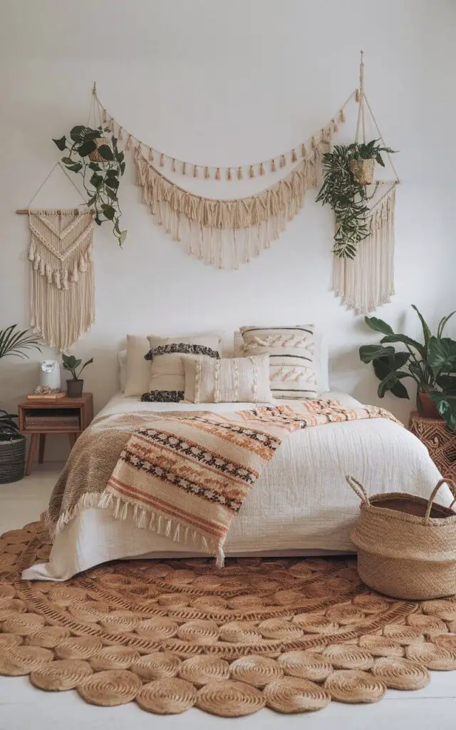 A photo of a boho bedroom with a cozy bed set upon a large, natural jute rug. The bed is adorned with patterned throw blankets and pillows. Wooden furniture pieces, including a low-profile nightstand and a woven basket, are present. The room has subtle greenery from potted plants and delicate macramé wall hangings.