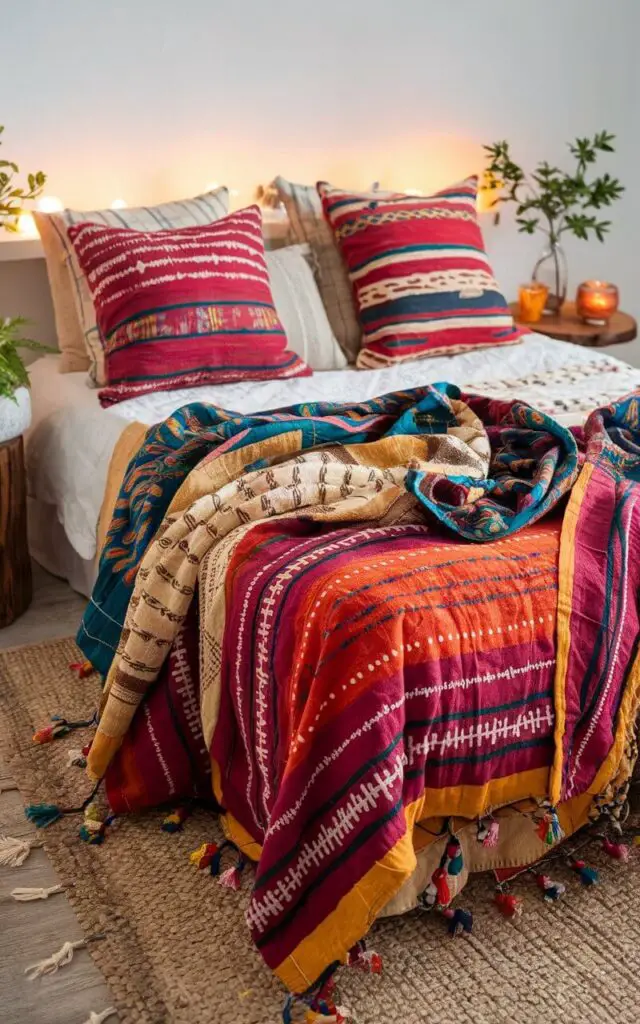 In this boho bedroom, a very cozy bed is draped with Kantha throws, adding vibrant color and a handmade touch. Each throw features intricate, traditional stitching and patterns, bringing personality and warmth to the room. The bed is layered with soft pillows and a quilt, creating an inviting, textured look. Wooden side tables hold small potted plants and candles, enhancing the cozy, earthy feel. A woven rug complements the decor, and ambient lighting softens the room’s overall look, creating a relaxing and artistic atmosphere.

