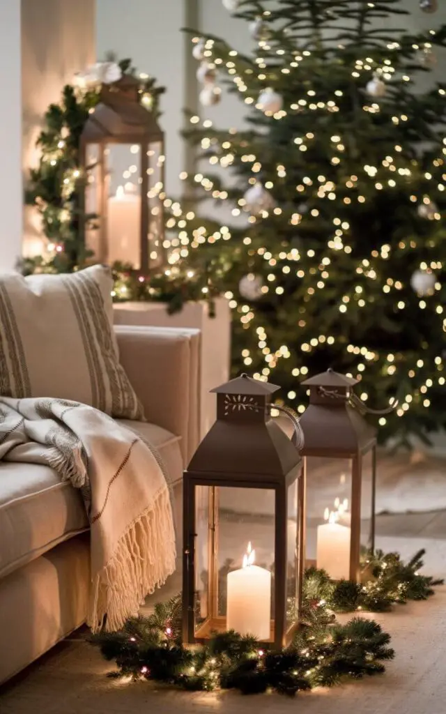 A beautifully decorated Christmas living room with a cozy sofa draped with a festive throw. The room features elegant holiday lanterns placed strategically around the space. These lanterns, filled with candles and surrounded by evergreen sprigs, emit a warm, inviting glow. The room also includes a grand Christmas tree with shimmering ornaments. The overall atmosphere is harmonious and enchanting, perfect for gatherings.