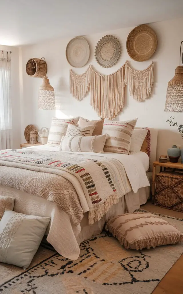 A photo of a boho bedroom with a cozy bed layered with blankets, quilts, and pillows in various textures. The bed is surrounded by floor pillows and a patterned area rug that complements the bedding's colors. Above the bed, a gallery of woven wall hangings adds dimension and texture. Woven baskets and wooden accents add rustic charm to the room. Soft, ambient lighting casts a gentle glow that enhances the layered textiles and adds to the room's relaxing vibe.