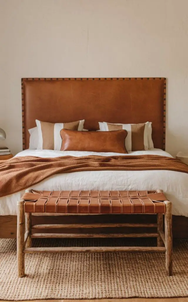 A cozy, earthy bedroom with a leather-trimmed headboard and a brown leather pillow on the bed. The leather bench at the foot of the bed and the woven rug add rustic details and warmth to the room. The minimal decor allows the earthy, warm hues and textures to stand out.