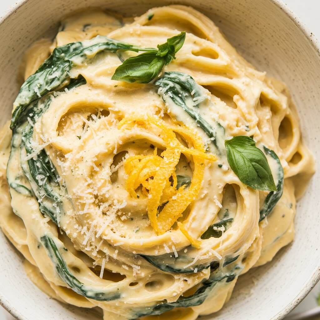 A photo of a bright and fresh close-up of creamy pasta with a lemony twist, served in a white ceramic bowl. The pasta is covered in a light, creamy ricotta sauce with hints of lemon zest, creamy baby spinach adding brightness to the creaminess. Finely grated lemon zest is sprinkled over the top, enhancing the freshness of the dish, while chopped basil leaves are scattered, offering a touch of color and herbal aroma. The creamy sauce has a soft, smooth texture that glistens in the light, making the dish look both refreshing and indulgent. Sprinkled over the top is a layer of grated Parmesan that has melted slightly, adding a hint of creaminess and umami. Delicate parsley leaves sit atop the dish, enhancing the visual appeal with a touch of vibrant green, making the pasta look cozy and rustic.