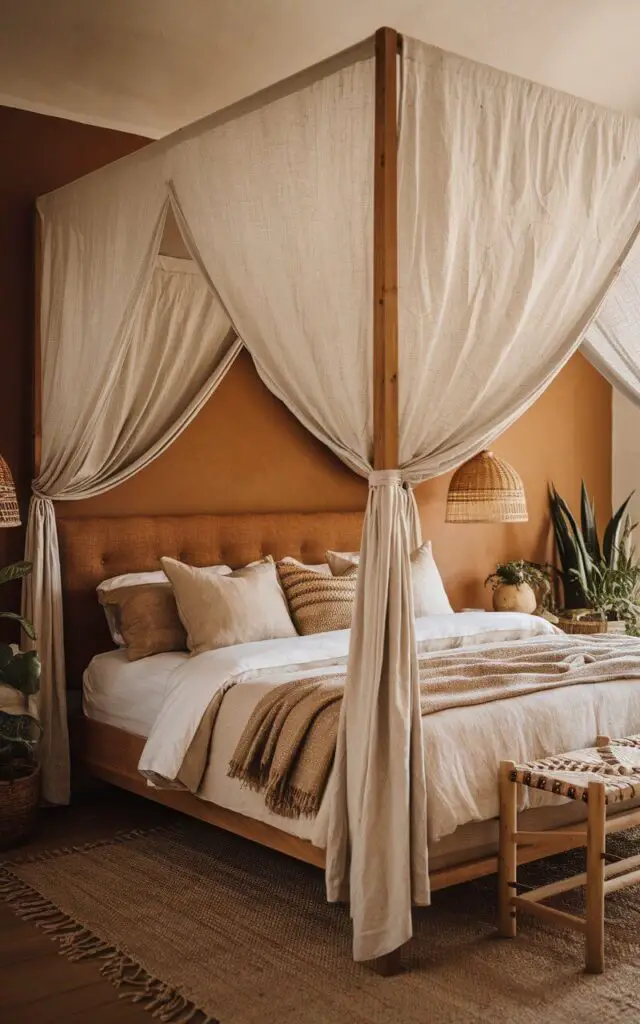 A warm and earthy bedroom features a cozy upholstered bed framed by a light linen canopy, evoking a serene and intimate atmosphere. The bed's wooden frame, in a natural brown tone, supports the canopy, which drapes gracefully over the bed adorned with soft, layered white and beige bedding. Natural wood furniture complements the setting, while a woven rattan lampshade adds texture and charm. Potted plants placed throughout the room enhance the organic aesthetic, and the canopy creates a cocoon-like ambiance, making the bed especially cozy and inviting.