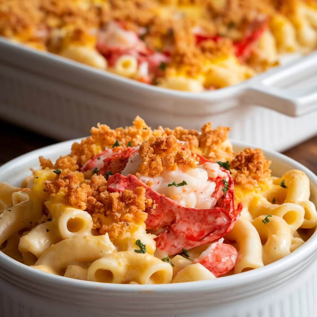 A photo of a creamy lobster mac and cheese dish in a white ceramic bowl. The cavatappi pasta is coated in a rich, golden-yellow cheese sauce. The sauce is smooth and velvety. Generous chunks of bright red and white lobster meat are mixed into the pasta, adding color contrast and a luxurious touch to the dish. The top layer of the mac and cheese has a small pinch of golden-brown, crispy breadcrumb topping, adding texture and a toasted appearance. Small sprinkles of finely chopped green parsley are scattered on top, adding a hint of color and garnish. The overall presentation is very creamy. In the background, part of a large, white rectangular baking dish filled with more lobster mac and cheese can be seen, slightly blurred, indicating the dish was baked in a larger serving and then portioned out. A stainless steel spoon rests partially visible next to the bowl, resting on a light-colored surface. The overall presentation emphasizes comfort