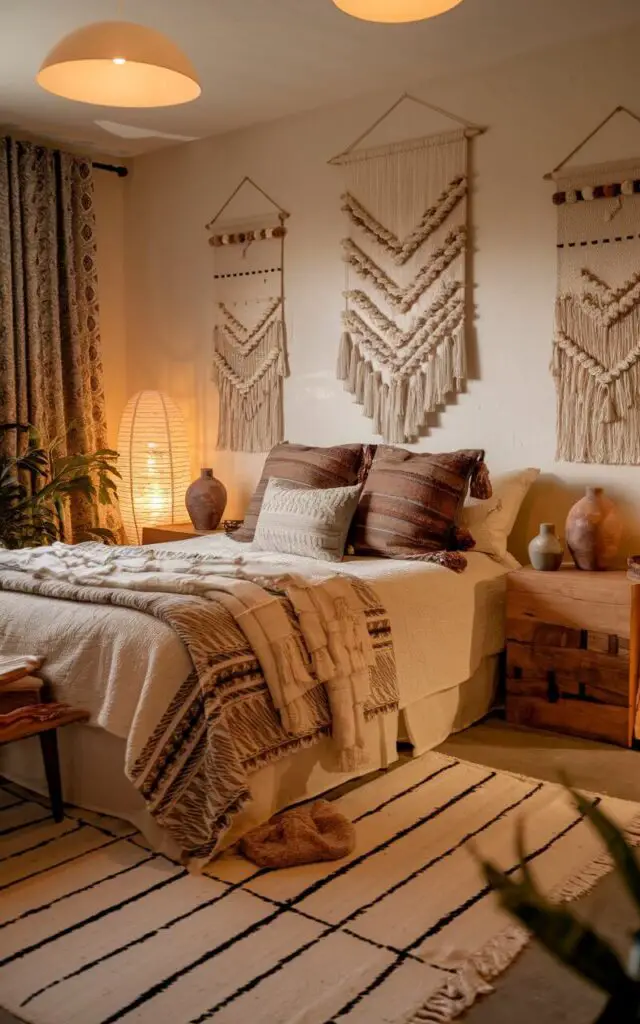 A photo of a boho bedroom with a cozy bed as the focal point. The bed features layers of plush blankets and pillows in earthy tones. There are wooden nightstands with hand-crafted ceramics on either side of the bed. The room has a warm, low-light ambiance from the floor lamps. The walls are adorned with textured wall hangings. The room also has patterned curtains, indoor plants, and a soft glow from the lamps.