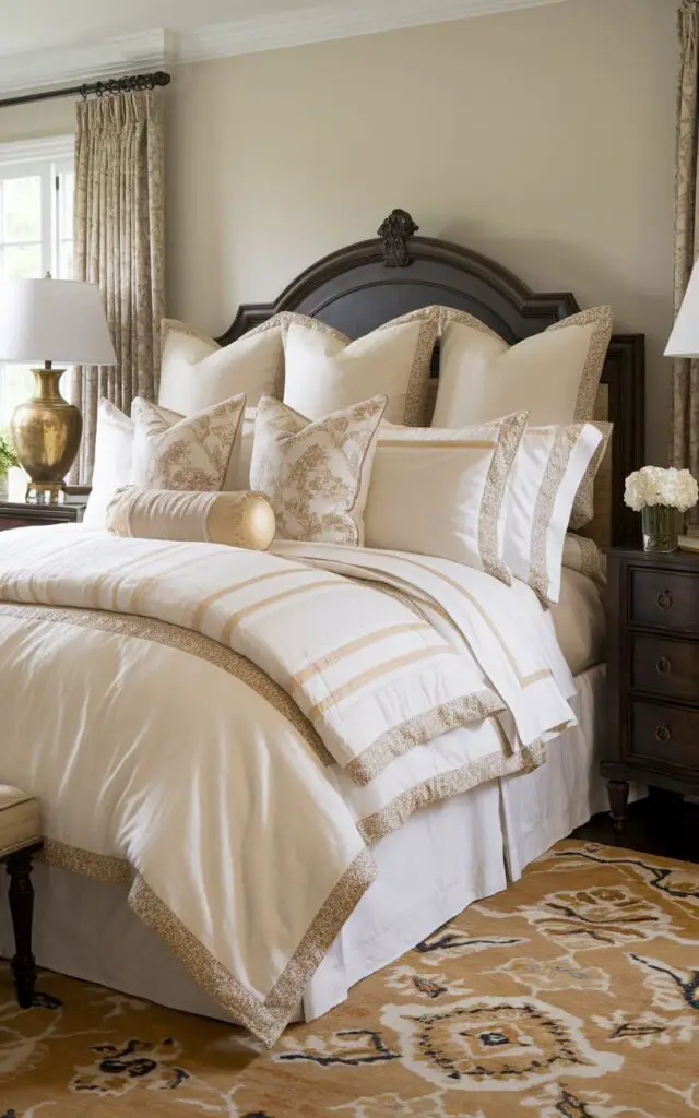 A photo of a traditional bedroom with a cozy bed layered with high-quality bedding in shades of white, cream, and gold. Multiple pillows and a plush quilted duvet add depth and comfort, creating a luxurious look. A dark wood headboard frames the bed, with matching nightstands on each side holding elegant brass lamps. A patterned rug beneath the bed enhances the room's warmth, completing this traditional, comfortable, and inviting space.