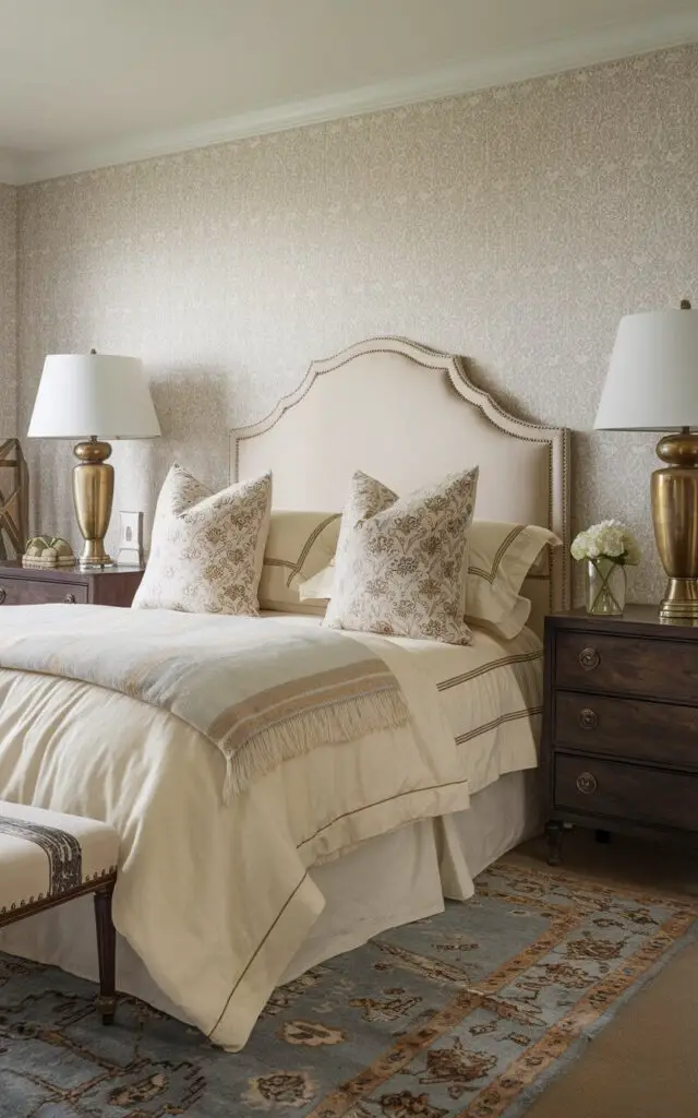 A photo of a traditional bedroom with a cozy bed draped in creamy bedding and patterned throw pillows. There are matching dark wood nightstands on each side of the bed, each holding a classic brass lamp with a white shade. The headboard wall has delicate wallpaper in neutral tones. A vintage rug is placed under the bed. The room has a balanced, cozy, and elegant atmosphere.