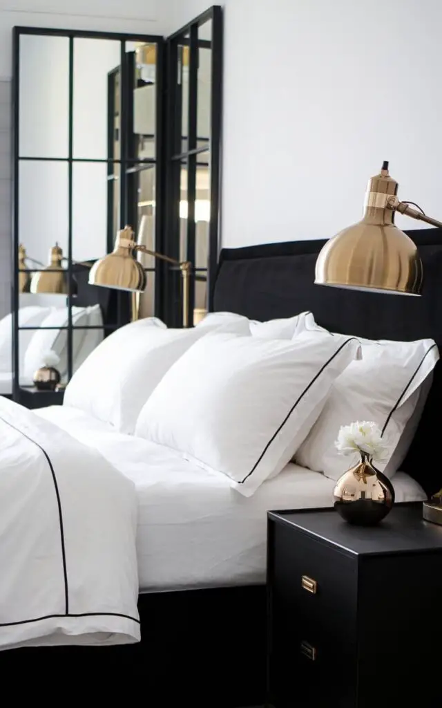 A chic black and white bedroom with metallic accents and a very cozy bed dressed in crisp white linens. The black bed frame is complemented by metallic bedside lamps in brushed brass, adding a luxurious shine to the room. A small metallic vase sits on a black nightstand with a white flower, bringing subtle warmth. The white walls and metallic-framed black mirror reflect light, enhancing the room’s elegant and balanced atmosphere.