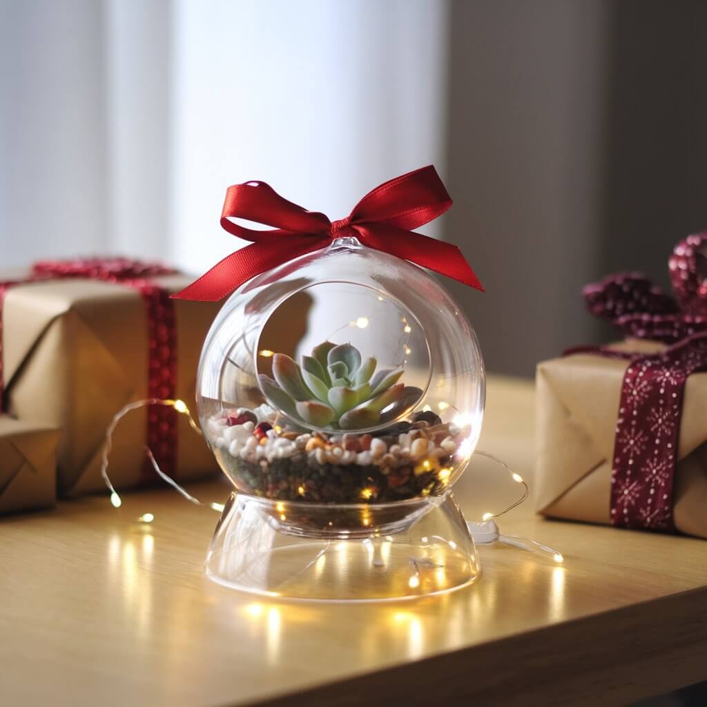 A photo of a charming mini plant terrarium gift displayed in a clear glass globe. Inside the globe, a small succulent and decorative pebbles form a low-maintenance, self-sustaining ecosystem. The terrarium is adorned with a red ribbon and tiny holiday lights reflected on the glass. The terrarium sits on a wooden desk near a few wrapped presents, adding a modern yet festive vibe. The background is softly blurred, emphasizing the terrarium's delicate details and natural beauty.