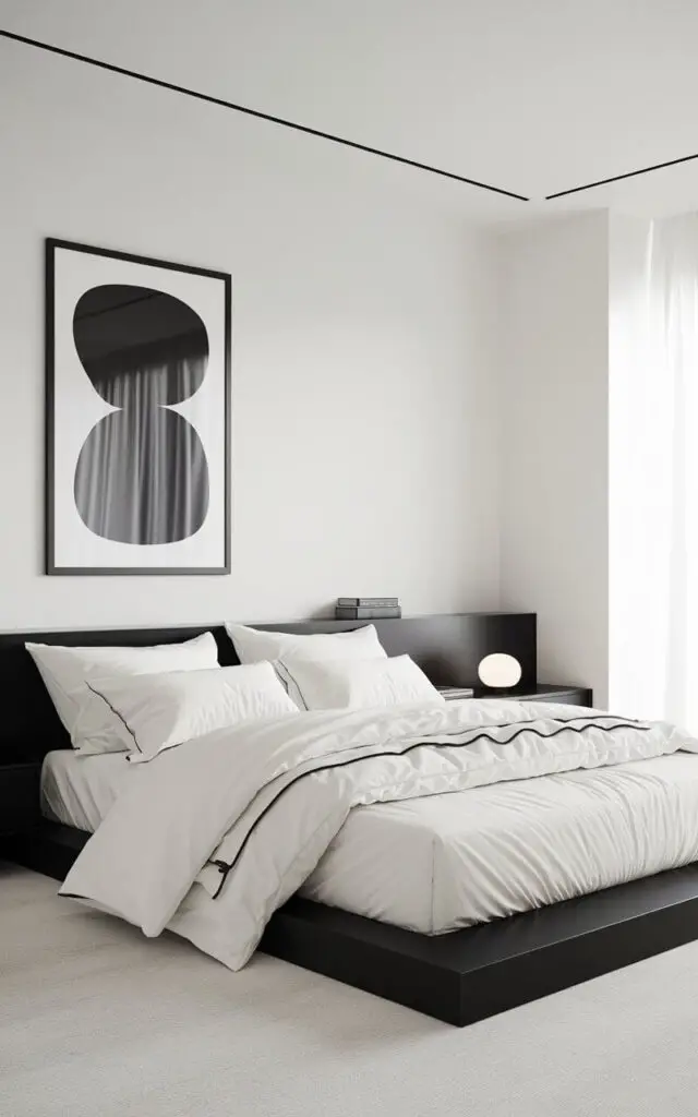 A minimalist black and white bedroom with a cozy bed. The bed has crisp white bedding and a sleek black platform frame. The room has clean, uncluttered lines. There is a low bedside table in matte black holding a simple white lamp. Above the bed, a single black-framed abstract print adds artistic flair without disrupting the minimalist theme. The room's white walls and natural light create a bright and airy atmosphere, while the black furniture keeps it grounded and sophisticated.