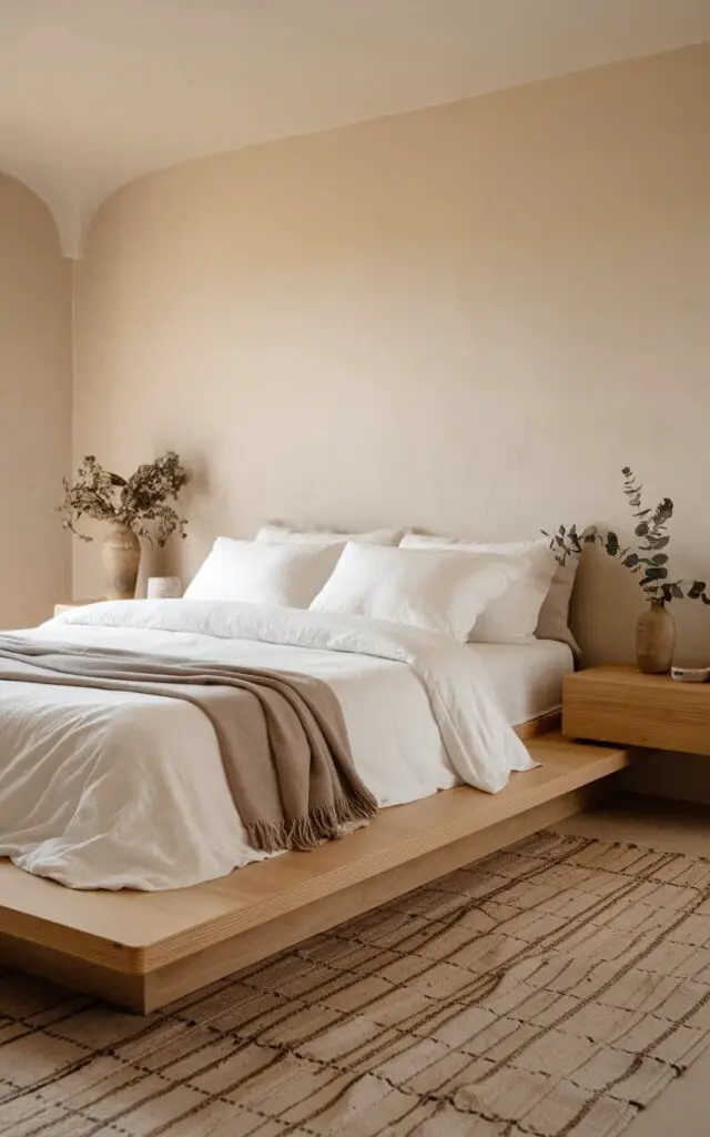 A photo of a minimalist earthy bedroom with a cozy bed. The bed has crisp white bedding and a single taupe throw blanket. The bed is placed on a light wood platform and is accompanied by a matching nightstand. The room also has a small ceramic vase with dried eucalyptus and a neutral jute rug. The walls are painted in a soft, warm white, creating an open, airy feel while maintaining the earthy aesthetic.