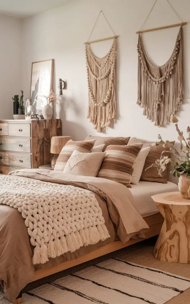 A photo of a boho bedroom with a cozy bed surrounded by furniture and decor in a variety of wood tones. The bed is dressed with soft linens in earthy tones, layered with patterned pillows and a chunky knit throw. A reclaimed wood dresser and a light oak side table add contrast, blending rustic and contemporary bohemian elements. The walls are adorned with macramé hangings, and ambient lighting enhances the warm wood tones, creating a cohesive, cozy sanctuary.