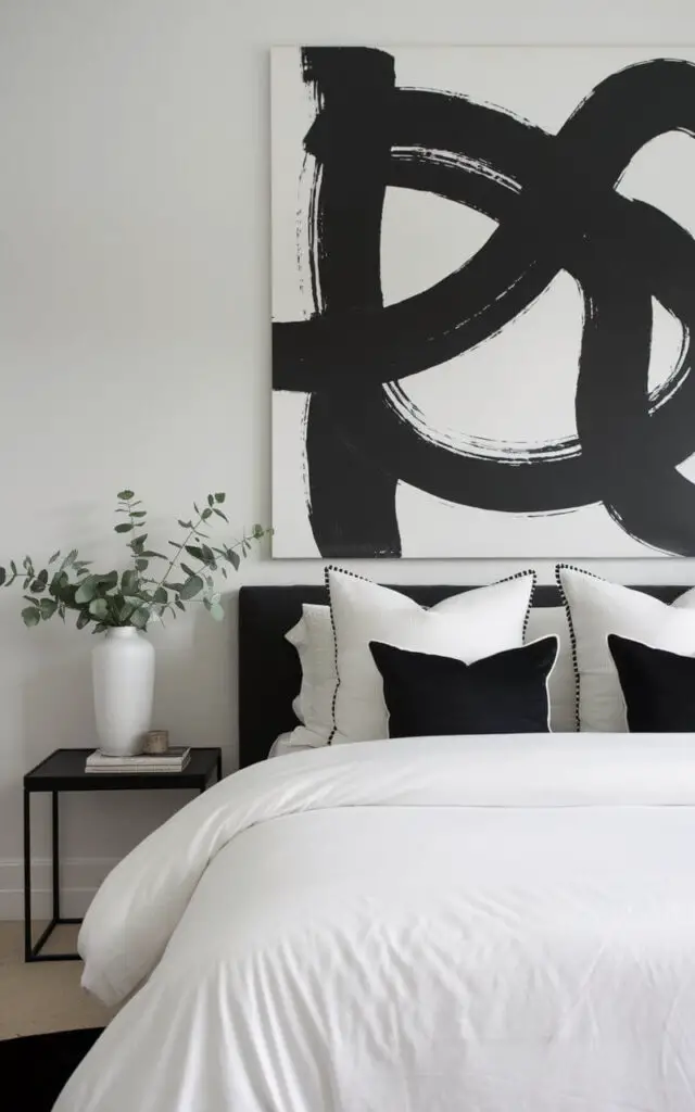 A photo of a modern black and white bedroom with a striking monochrome abstract art on the wall above a cozy bed. The bed has soft white bedding with black accent pillows, creating a cohesive color palette. The artwork, featuring bold black strokes on a white background, serves as a focal point. A black bedside table holds a white vase with greenery, adding a touch of nature to this chic and sophisticated room.