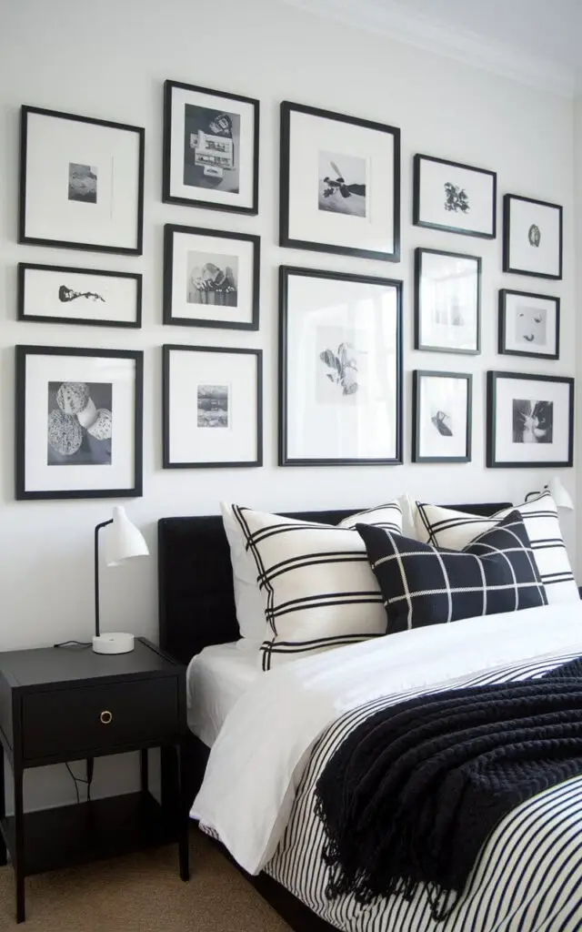 A stylish black and white bedroom with a monochrome gallery wall above a cozy bed with crisp white bedding. The frames vary in size but are uniformly black, creating a cohesive yet eclectic look. A black nightstand with a minimalist white lamp sits beside the bed, grounding the gallery with simplicity and charm.