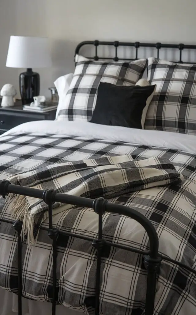 A photo of a cozy black and white bedroom with plaid bedding on a comfortable bed. There are black and white pillows on the bed. A monochrome plaid throw is added for warmth. The bed is placed on a black metal bed frame. There is a black bedside table with a white lamp beside the bed. The room has a timeless and inviting look.