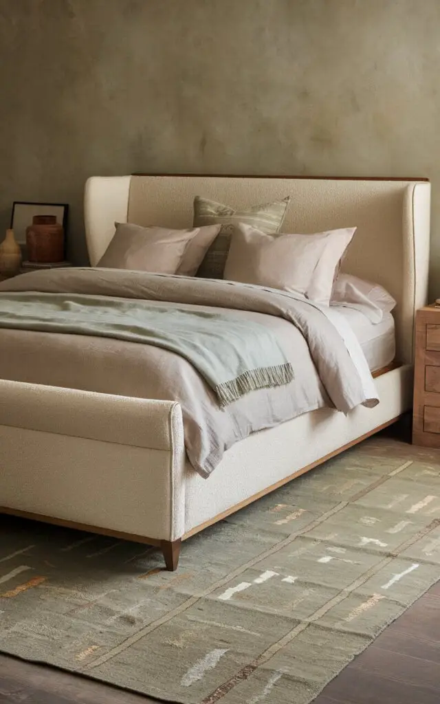 A photo of an earthy bedroom with a cozy upholstered bed. The bed is layered with beige and light gray linens and a sage-colored blanket. The room has a muted rug in shades of taupe and sage green, which anchors the space. The wooden bed frame and nightstand match the rug's soft, natural tones. A few decorative items in earth tones add subtle pops of color, enhancing the room's warm, rustic feel.