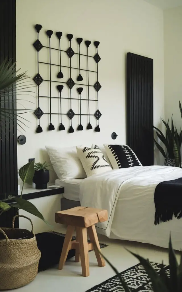 A black and white bedroom with a calm atmosphere. The room features a wooden stool, a cozy bed with white linens, and black pillows. There is a wall decor with black accents. A woven basket is placed on the floor. The room has a few plants, adding a touch of green. The lighting is soft.