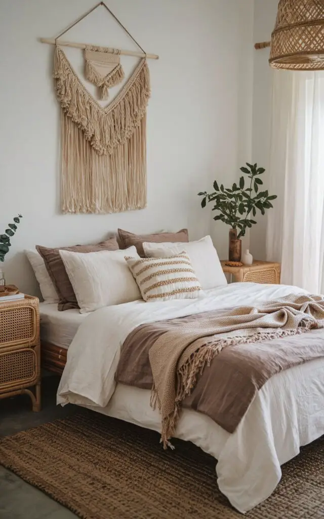 An image of an earthy bedroom with a very cozy bed. The bed is layered with cotton bedding in white and taupe tones, and is complemented by a jute throw blanket. A woven jute rug is placed under the bed, and a sisal wall hanging is hung above the bed. A small potted plant is placed on a rattan nightstand. The room has a natural aesthetic, making it feel eco-friendly and organic.