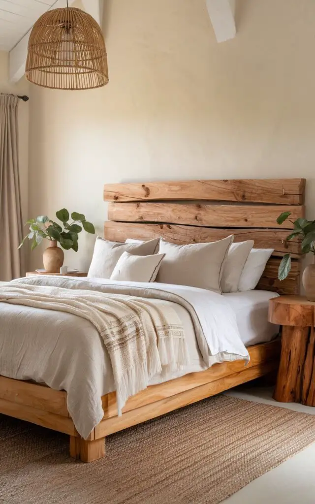 A serene earthy bedroom features a very cozy bed with a natural wood headboard, complemented by matching wood side tables. The wooden bed frame has a rustic charm, showcasing the rich grain and raw texture of natural wood. Linen bedding in soft beige and white layers add to the inviting, earthy vibe, while a rattan lampshade above casts a warm, soft glow. Potted greenery on the bedside tables enhances the natural feel, and a jute rug underfoot adds extra warmth and texture, making the space both grounded and comfortable.