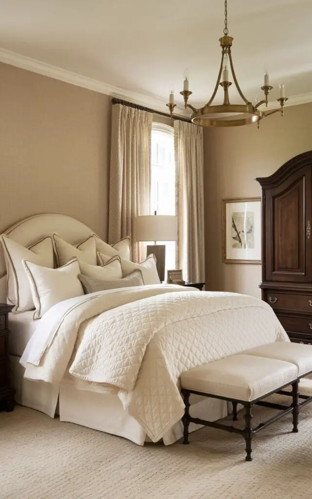 A photo of a traditional bedroom with soft beige walls as a warm, neutral backdrop. At the center, there's a cozy bed made up with layers of soft white bedding and a quilted ivory comforter. Dark wood furniture, including a large armoire and matching nightstands, contrasts with the walls. A brass chandelier adds a warm touch from above. The room is adorned with subtle artwork, creating a serene, elegant space with timeless appeal.