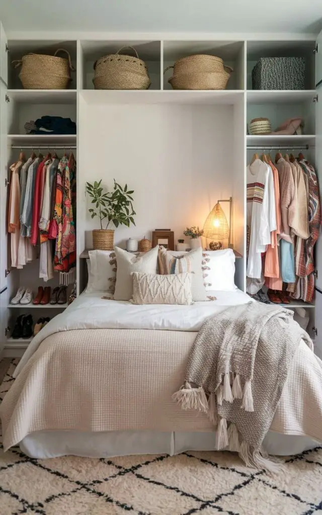 A photo of a boho bedroom with a cozy bed in the center, surrounded by an open wardrobe displaying colorful garments, woven baskets, and shoes. The bed is layered with textured throws and decorative pillows, making it look inviting and comfortable. The wardrobe's structure adds visual interest without overwhelming the space. A soft rug, small indoor plants, and gentle lighting from a bedside lamp complete the boho look, creating a cozy, personalized retreat.