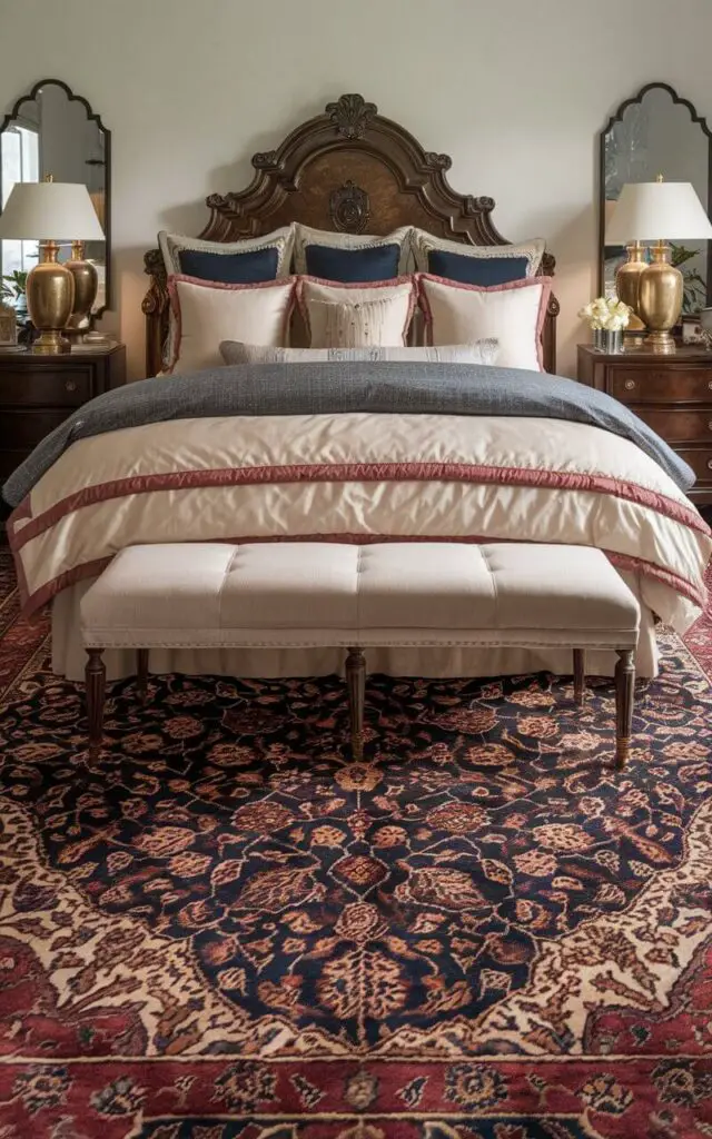 A photo of a traditional bedroom with a Persian area rug. The rug is in deep red, navy, and gold tones and extends beneath a cozy bed with an ornate wooden headboard. The bedding is layered in ivory and soft gold accents. There are matching dark wood nightstands on each side of the bed, which have brass lamps. The rug's intricate patterns complement the bed's style, tying together a luxurious, elegant, and inviting look.