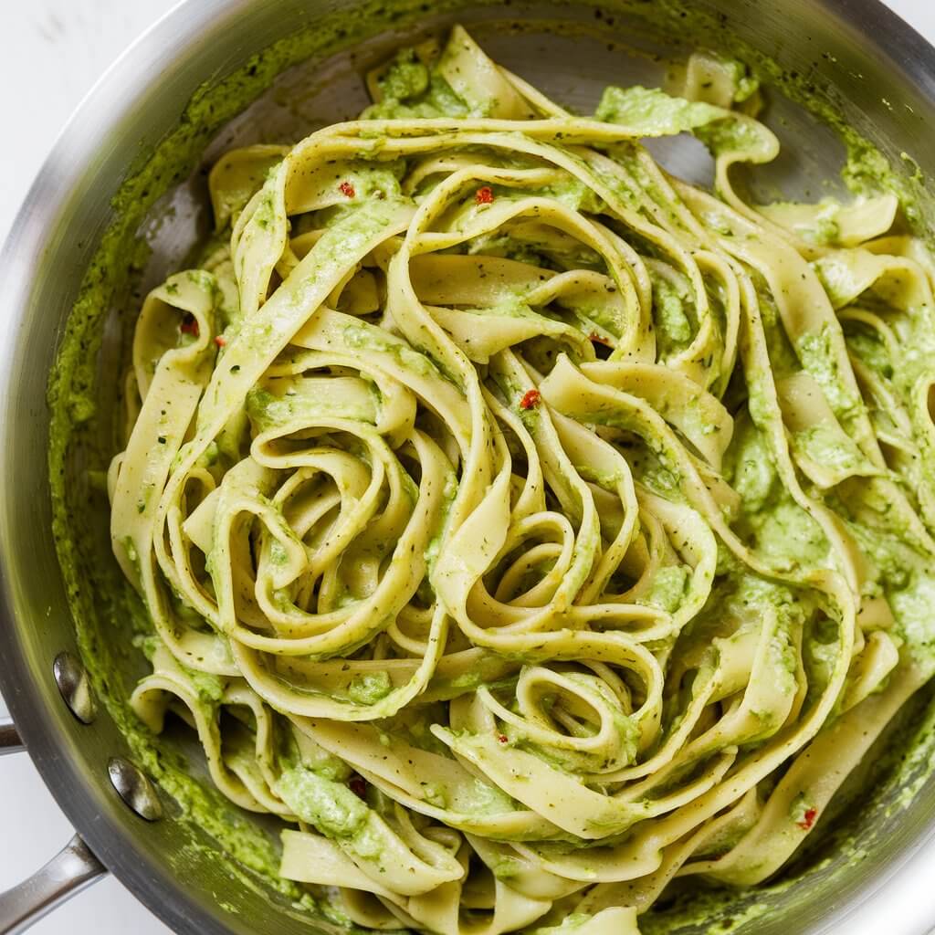 An overhead photo of a pan filled with fettuccine pasta coated in a vibrant green pesto sauce. The pasta noodles are long, flat, and wide, with a slightly curly appearance that allows the sauce to cling to them. The pesto sauce is thick and has a rich green color, speckled with visible bits of fresh basil, garlic, and other herbs, giving it a textured look. Tiny red flecks, possibly from crushed red pepper flakes, are sparsely distributed throughout the sauce, adding a hint of warmth and contrast against the green. The pasta is well-mixed, with the sauce evenly distributed, ensuring that every strand is covered. The metallic edges of the pan are shiny and smooth, reflecting light, which adds a sense of warmth and freshness to the image. The handle of the pan is partially visible on the left, suggesting that the pasta is freshly prepared and perhaps still warm from cooking. The scene captures the creamy texture